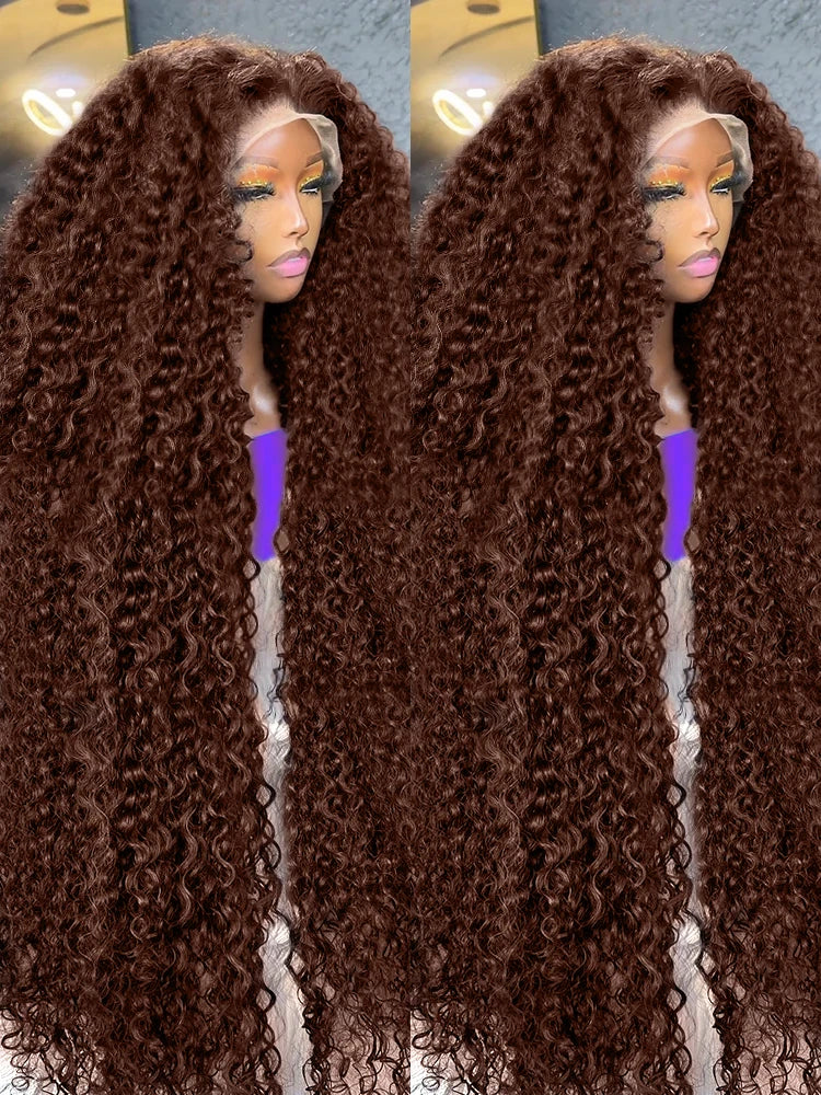 200% Chocolate Brown Deep Wave Human Hair Wig Transparent Lace Frontal Wigs For Women 13x6 Lace Front Water Curly Wigs