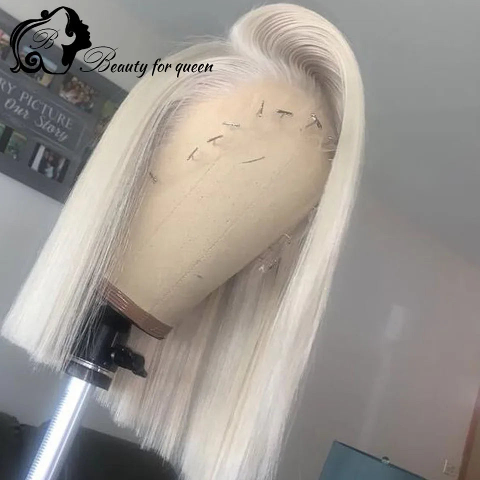 Colored 100% Human Hair Wig High Quality Transparent 13x4 Lace Frontal Wigs White Straight Short Bob 180% Density For Women