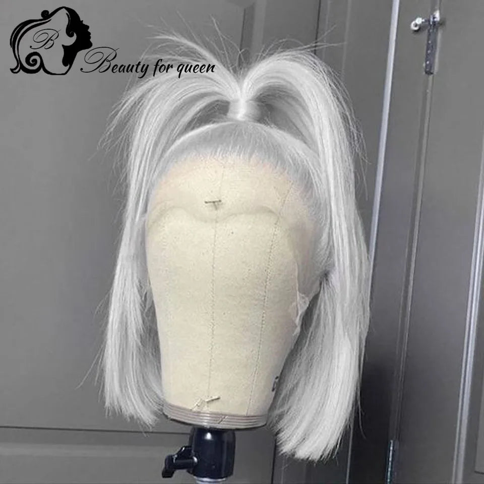 Colored 100% Human Hair Wig High Quality Transparent 13x4 Lace Frontal Wigs White Straight Short Bob 180% Density For Women