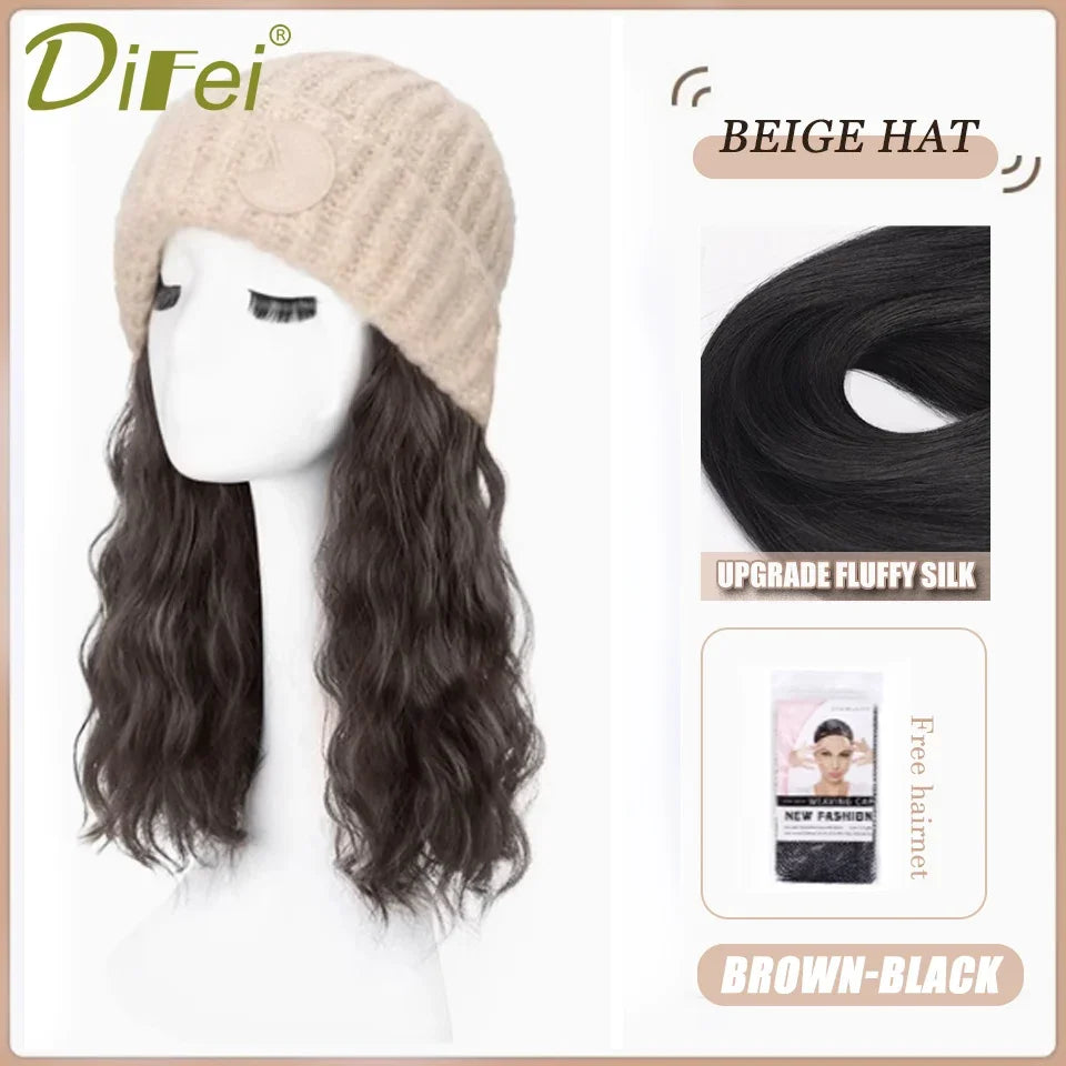 DIFEI Hat Wig One Female Synthetic Wig Fashion Warm Black And White Diamond Lattice Winter Knitted Hat Wave Curly Hair Hat Wig