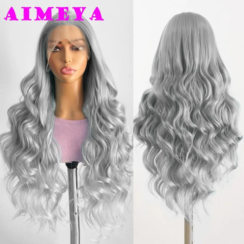 AIMEYA Lace Wig Synthetic Long Body Wave Lace Front Wig Mint Heat Resistant Hair Lace Daily Use Cosplay Wig
