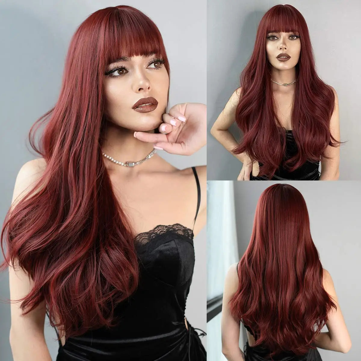NAMM Long Wavy Ombre Black To Red Wig for Women Daily Synthetic Lavender Hair Wig with Fluffy Bangs Heat Resistant