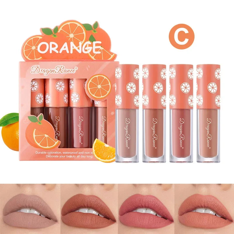 4Pcs/Set Mini Velvet Matte Lip Gloss Non-Stick Cup Lipstick Long-Lasting Fruit Scented Lip Tint Lip Glaze Lips Makeup Cosmetics