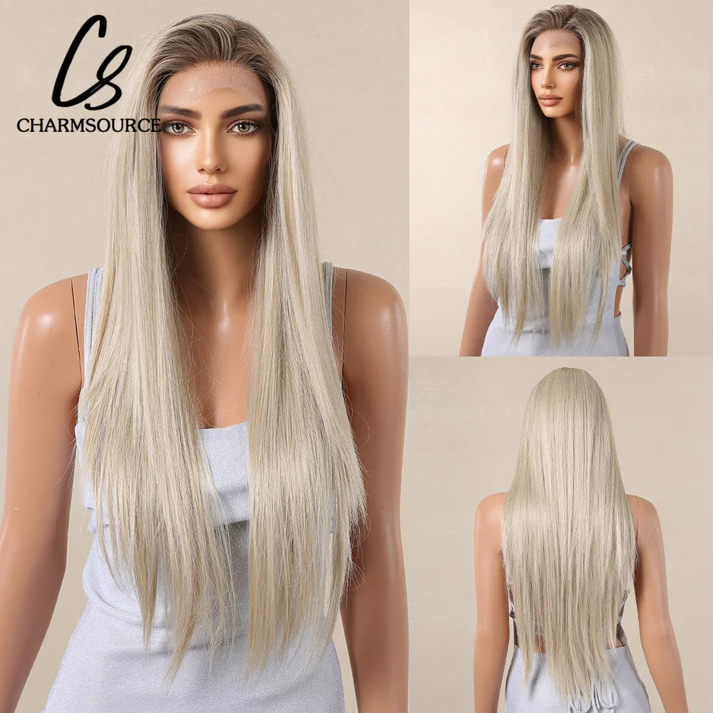 CharmSource 13x6 Lace Synthetic Wig Long Wavy Light Blonde Wigs with Dark Root Women Daily Party Cosplay Wedding High Density