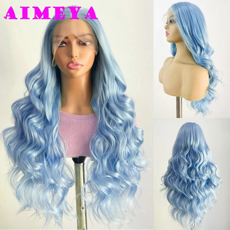 AIMEYA Lace Wig Synthetic Long Body Wave Lace Front Wig Mint Heat Resistant Hair Lace Daily Use Cosplay Wig