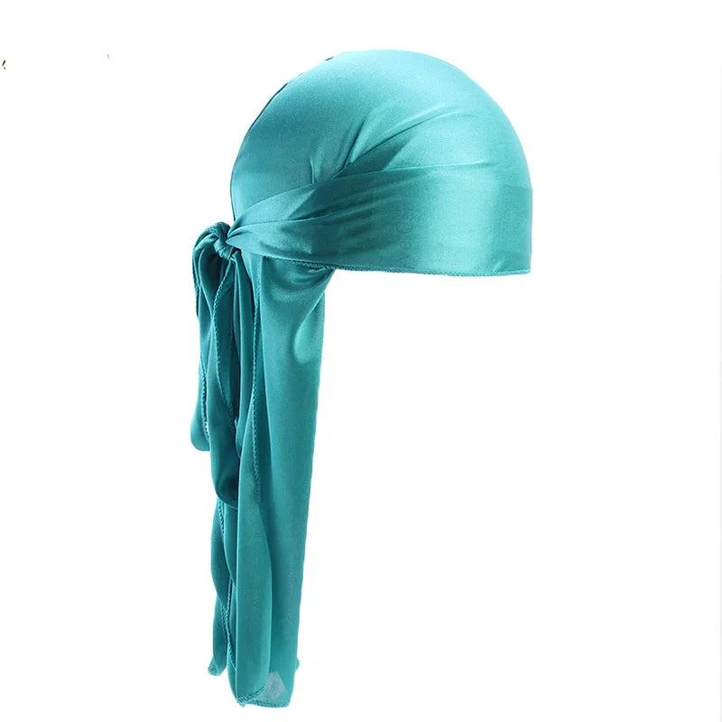 Men's Silky Turban Head Wrap Hat Wig For Men Women Satin Couple Biker Headwear Headband Hair Accessories Extra Long Tail