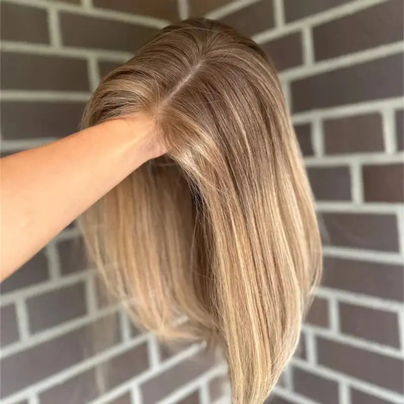 Ombre Blonde with Brown Streaks Synthetic HD Lace Front Wig Short Straight Glueless Bob Wig for White Women Daily Party Use