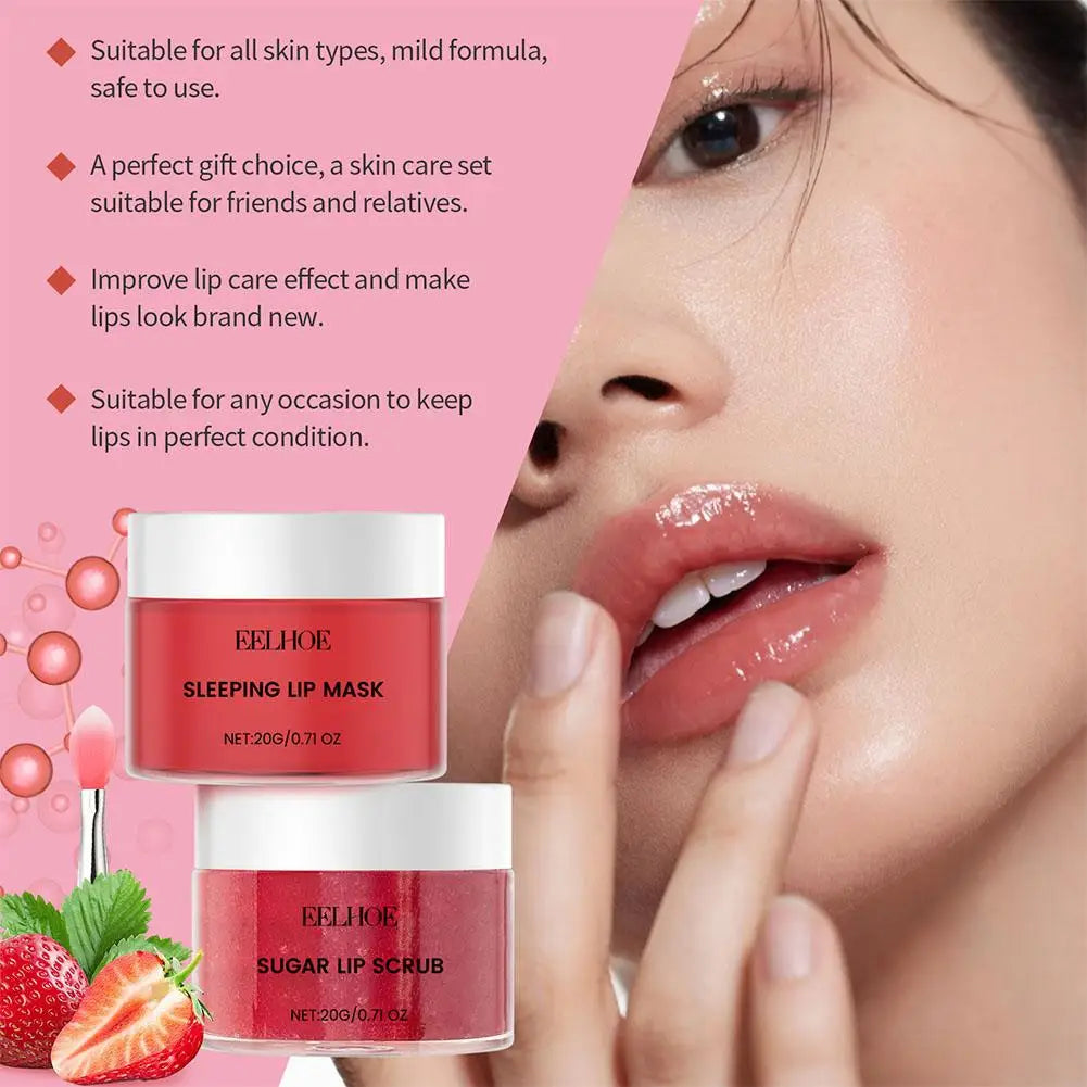 Strawberry Flavour Lip Scrub & Overnight Lip Mask Set Exfoliate, Soothe & Hydrate Lip Balm & Moisturizer Set Treatment Lip Care