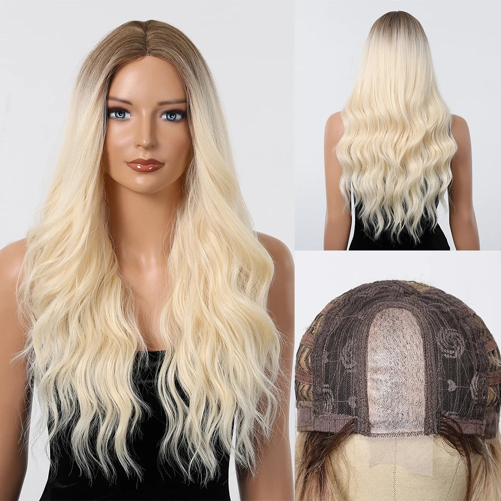Long Body Wave Wigs Transparent Lace Frontal Synthetic Wig Middle Part Hair Light Golden Wig for White Women Dairly Party