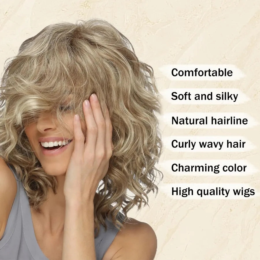 Medium length blonde curly wig featuring short layered wavy bob style synthetic hair wigs ideal for daily wear