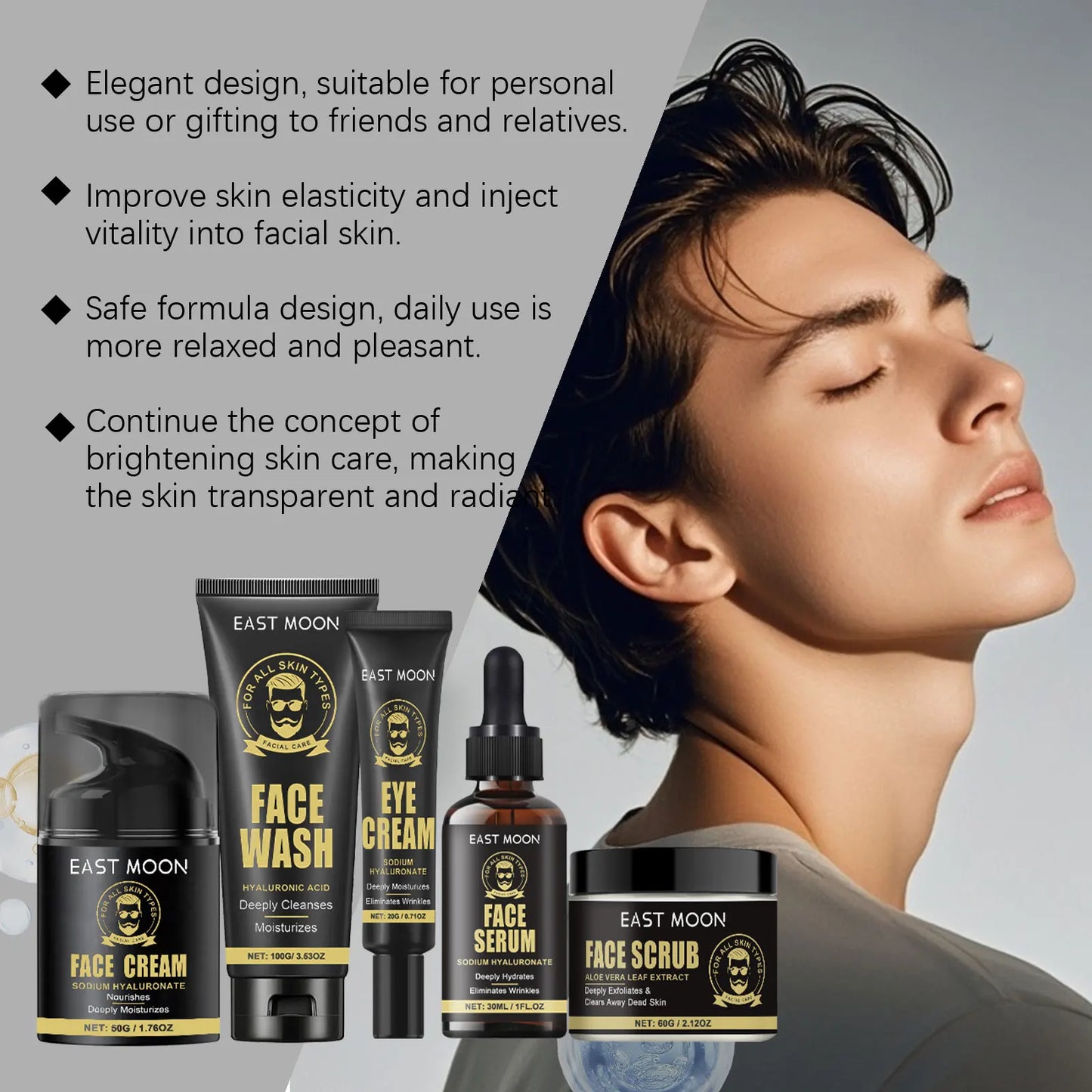 East Moon Men Facial Firming Set with Gift Box Hydrate Lifting Smooth Oil Control Moisturizing Serum Face Skin Care Cream Series