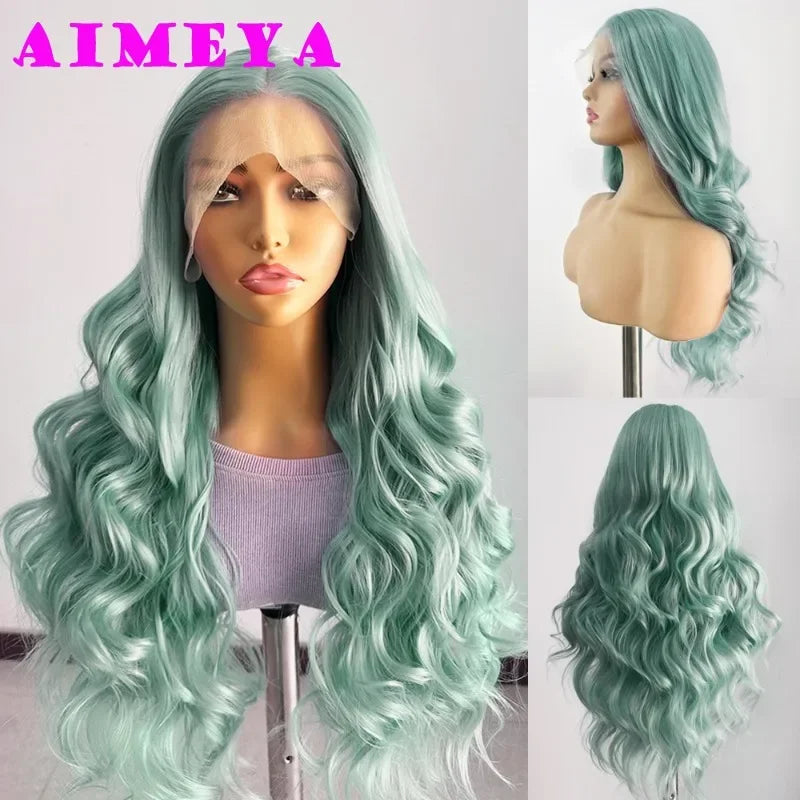 AIMEYA Lace Wig Synthetic Long Body Wave Lace Front Wig Mint Heat Resistant Hair Lace Daily Use Cosplay Wig
