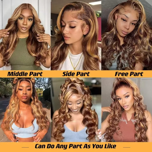 HD Lace Frontal Wigs Honey Blonde Colored Highlight Body Wave Human Hair Pre-plucked