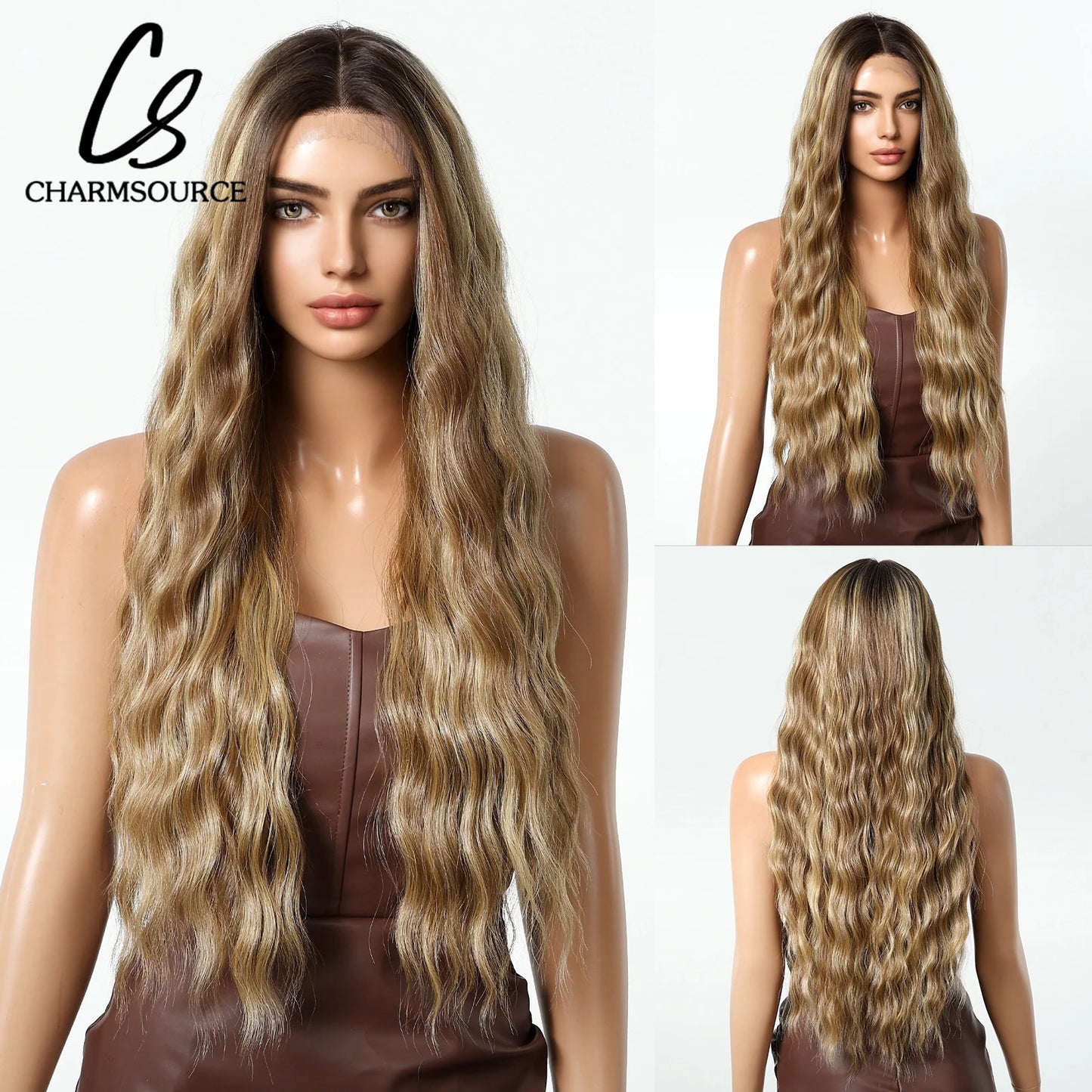 CharmSource 13x6 Lace Synthetic Wig Long Wavy Light Blonde Wigs with Dark Root Women Daily Party Cosplay Wedding High Density