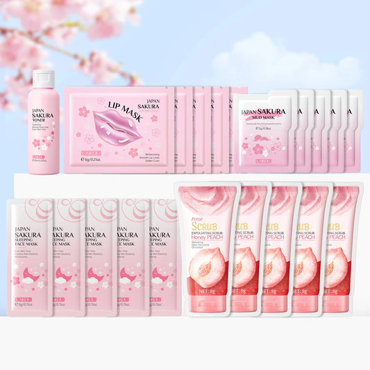 LAIKOU Japan Sakura Skincare Set Hydrating Toner Lip Mask Sleeping Face Mud Mask Peach Scrub Travel Mini Kit Gift